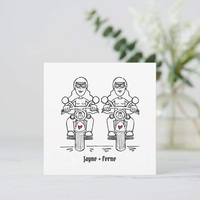 Custom Two Brides Biker Motorcycle Evening Wedding Invitation (Standing Front)