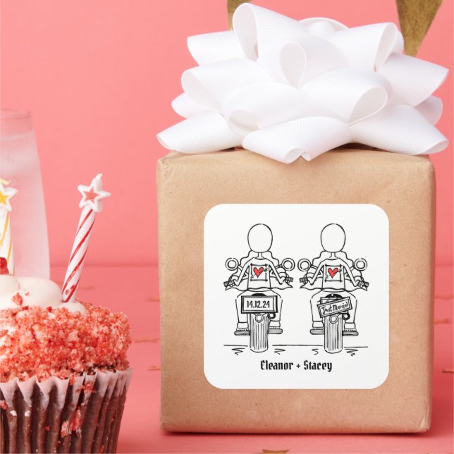 Custom Two Brides Biker Motorcycle Evening Wedding Square Sticker (Party)