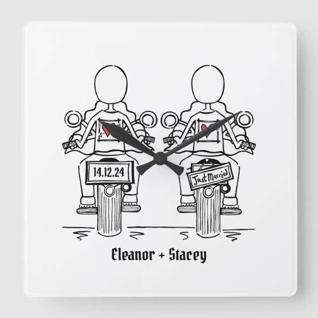 Custom Two Brides Biker Motorcycle Wedding Square Wall Clock (Front)