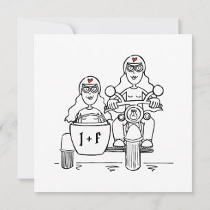 Custom Two Brides Motorbike and Sidecar Evening Invitation
