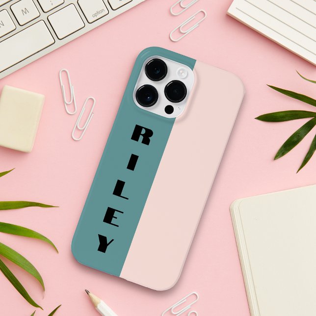Custom Two Colour Block Rose Pink Teal Big Name iPhone Case (Creator Uploaded)