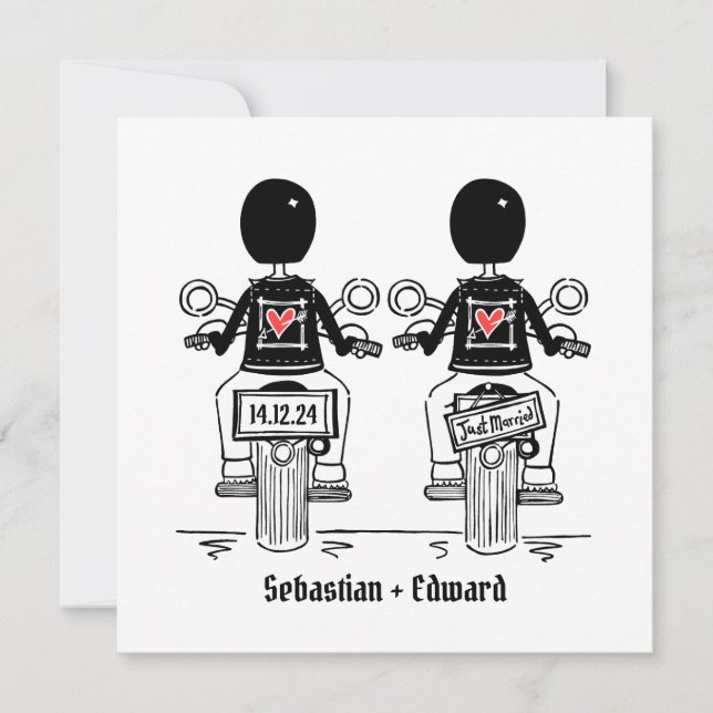 Custom Two Grooms Biker Motorcycle Gay Wedding Invitation (Front)