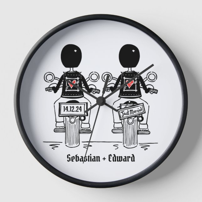 Custom Two Grooms Biker Motorcycle Wedding Clock (Front)