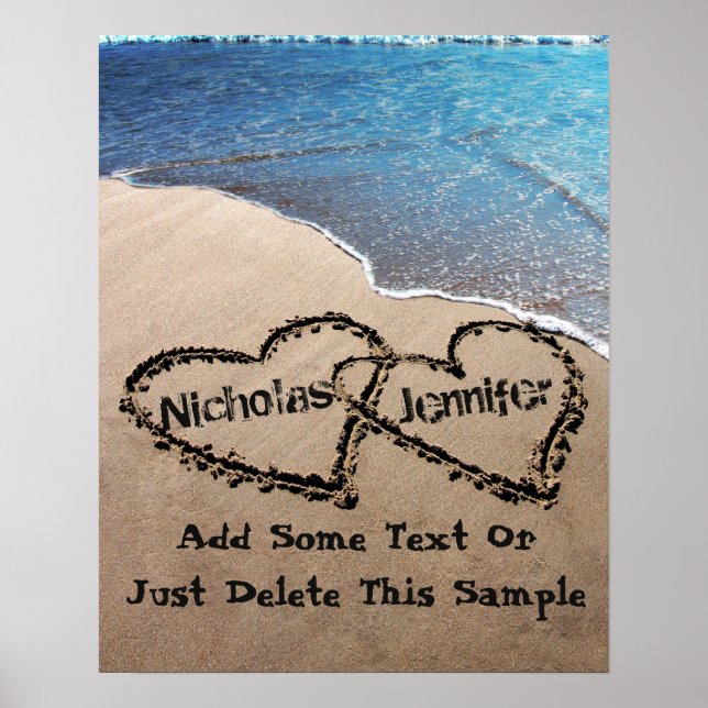 Custom Two Hearts In Sand Large Photo Poster Print (Front)