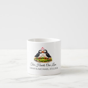 Custom Two Hearts One Love Puffins Wedding  Espresso Cup