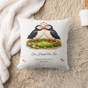 Custom Two Hearts One Love Puffins Wedding Throw Pillow