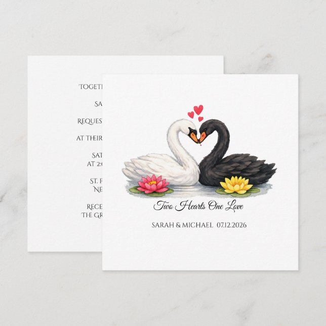 Custom Two Hearts One Love Swans Square Invitation (Front/Back)