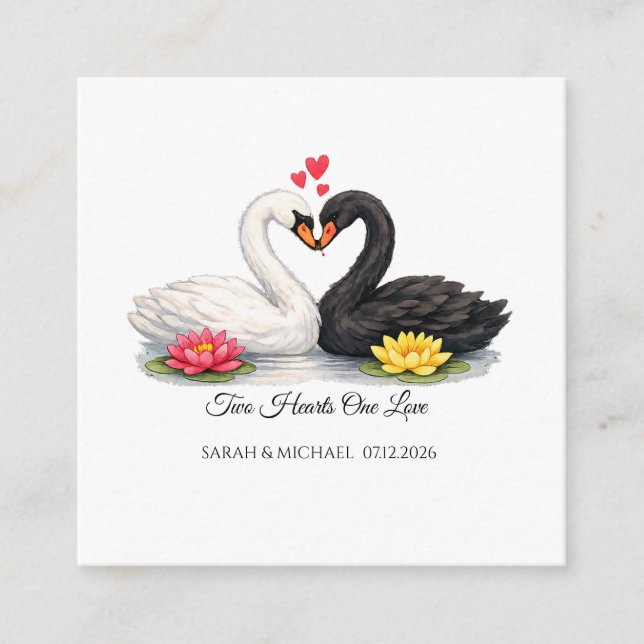Custom Two Hearts One Love Swans Wedding  Enclosure Card (Front)