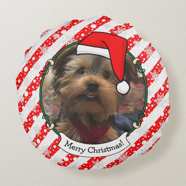 Custom Two Photo Christmas Santa Hat Pet HO HO HO Round Pillow (Back)