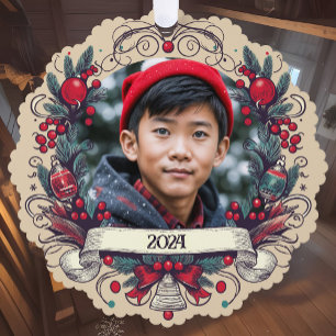 Custom Two Photo Festive Christmas Wreath Holiday Ornament Card