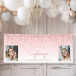 Custom Two Photo Pink Glitter Drip 21st Birthday Banner<br><div class="desc">Welcome guests with this chic, glamourous 21st birthday party photo banner, featuring a sparkly pink faux glitter drip border and pink ombre background. Easily replace the two sample images with photos of the guest of honour. Personalize it with her name in rose handwriting script, with the birthday below in rose...</div>