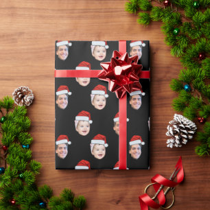 Custom Two Photos Family Santa Hat Face  Wrapping Paper