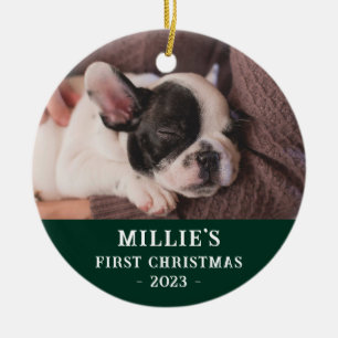 Custom Two Sided Green First Christmas Puppy Photo Ceramic Ornament