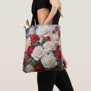 Custom Two-Sided Red & White Rose Floral Tote Bag
