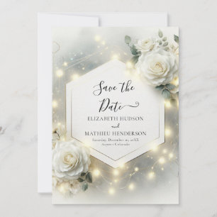 Custom Typography White Roses Wedding Save The Date
