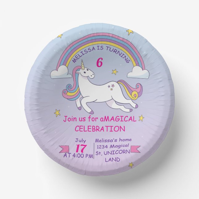Custom Unicorn Birthday Cake Plate–7" Personalized Paper Plate (Front)