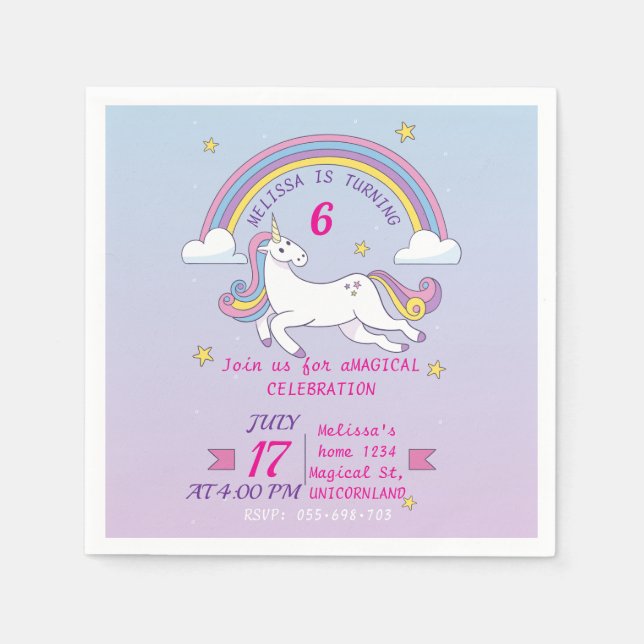 Custom Unicorn Birthday Party Napkins  Editable  (Front)