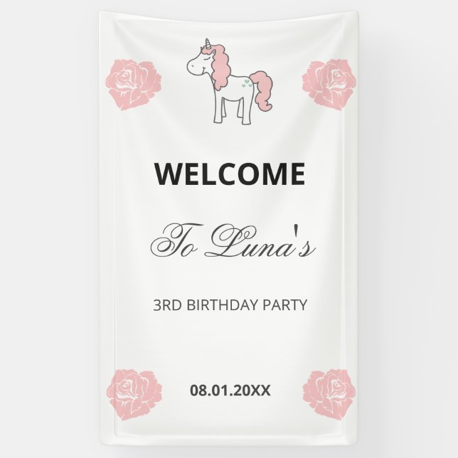 Custom Unicorn Cute Pink Birthday Party Welcome Banner (Vertical)