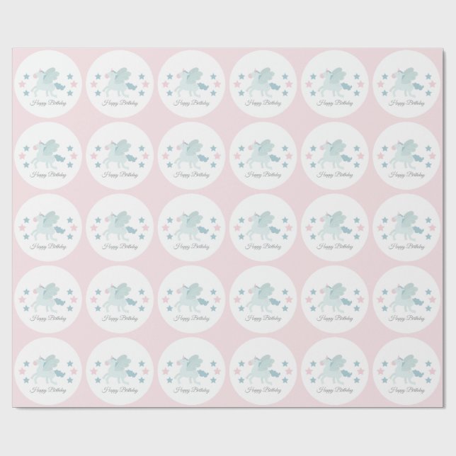 Custom Unicorn Cute Pink Blue Happy Birthday  Wrapping Paper (Flat)