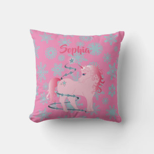 Custom Unicorn Pink Cute Christmas Snowflake Throw Pillow