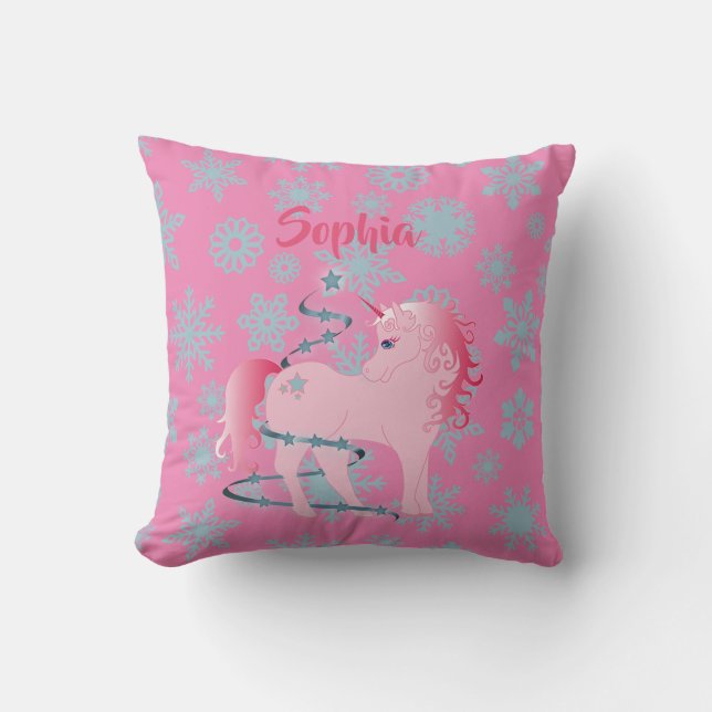 Custom Unicorn Pink Cute Christmas Snowflake Throw Pillow (Front)