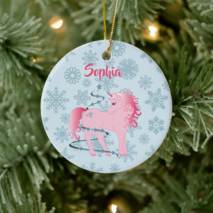 Custom Unicorn Pink Cute Girl Christmas Believe Ceramic Ornament