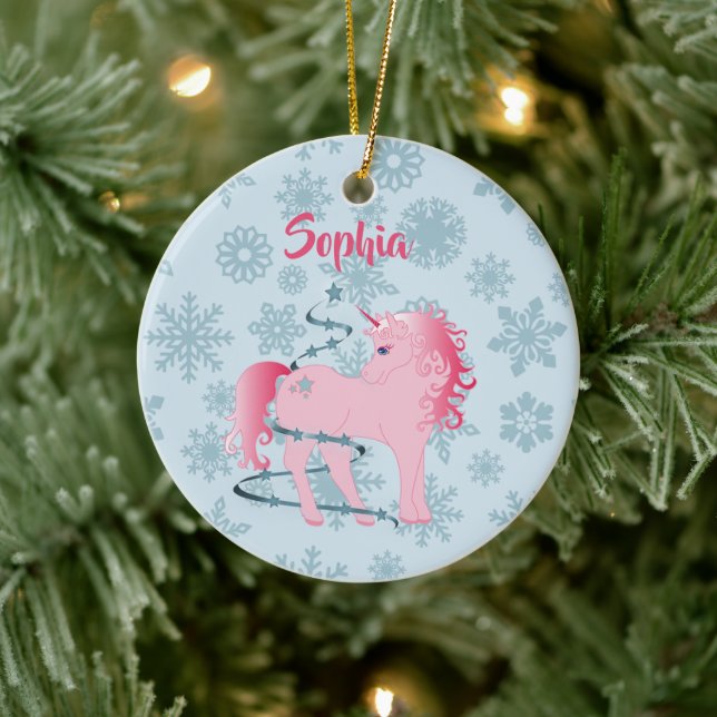 Custom Unicorn Pink Cute Girl Christmas Believe Ceramic Ornament (Tree)