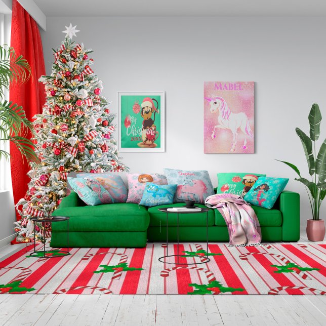 Custom Unicorn Pink Cute Girl Christmas Snowflake Throw Pillow (Creator Uploaded)