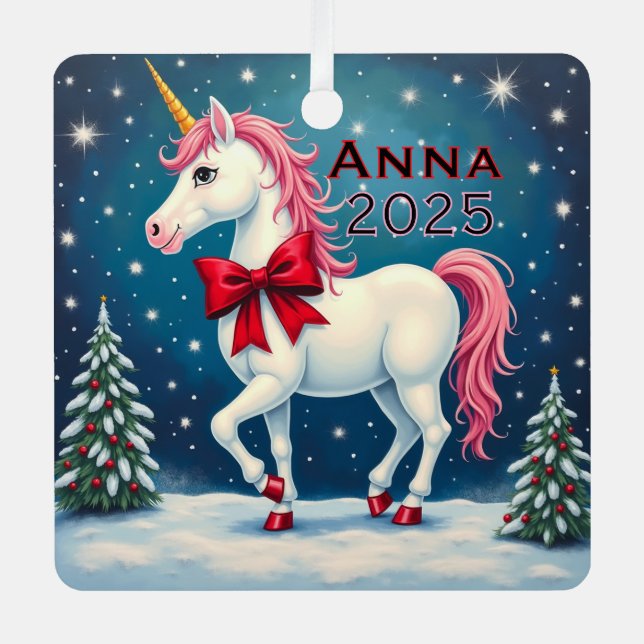 Custom Unicorn Red Bow Metal Ornament (Front)