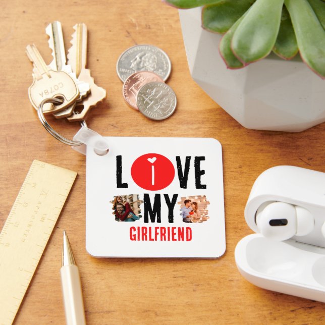 Custom Unique 2 photo Collage I Love My Girlfriend Keychain (Desk)
