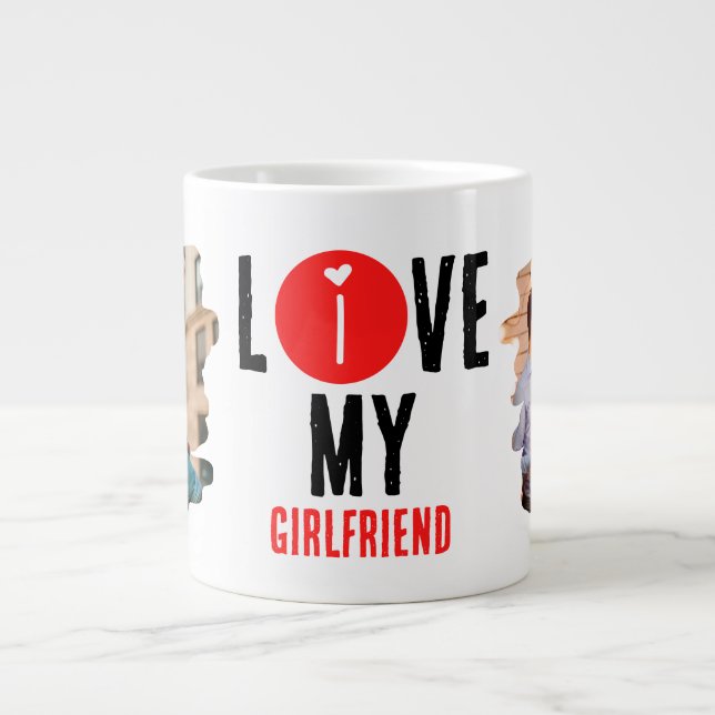 Custom Unique 2 photo Collage I Love My Girlfriend Large Coffee Mug (Front)