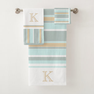 Custom Unique Seafoam Green White Tan Stripe Art B Bath Towel Set