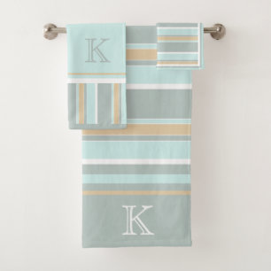 Custom Unique Seafoam Green White Tan Stripe Art Bath Towel Set