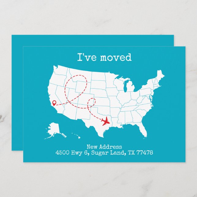 Custom USA Map Turquoise "I've Moved" Announcement (Front/Back)