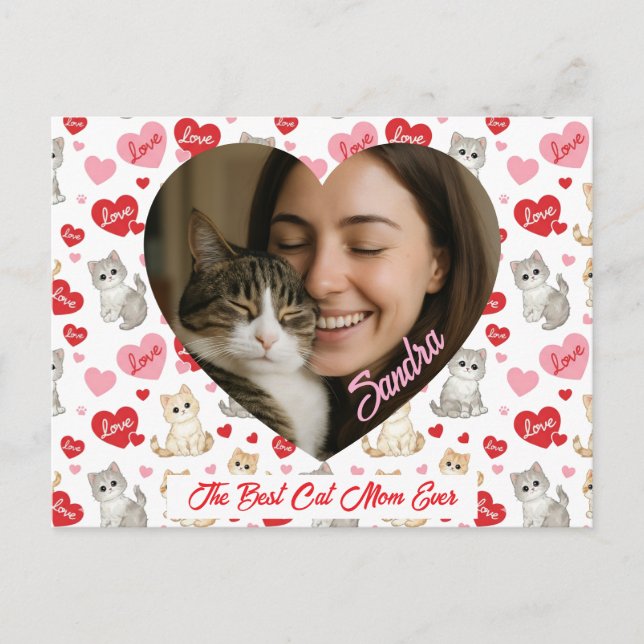 Custom Valentine's Day Cat Mom Heart Photo  Postcard (Front)