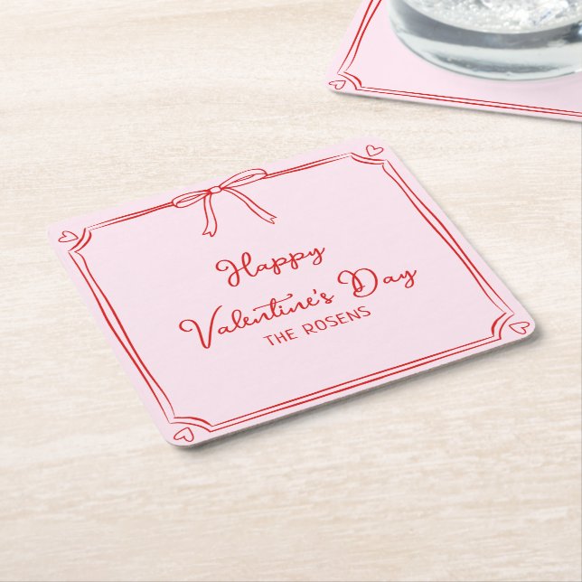 Custom Valentine's Day Party Blush Pink Bow Hearts Square Paper Coaster (Angled)