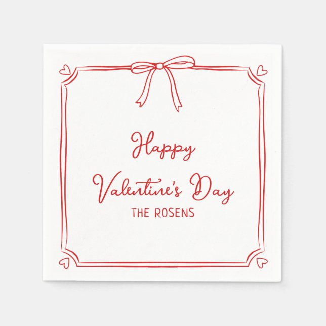 Custom Valentine's Day Party Cute Red Bow Hearts Napkin (Front)