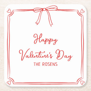 Custom Valentine's Day Party Cute Red Bow Hearts Square Paper Coaster