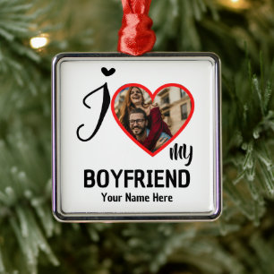 Custom Valentines Heart Photo I Love My Boyfriend Metal Ornament