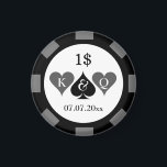 Custom value poker chip casino wedding favour gift magnet<br><div class="desc">Custom value poker chip casino wedding favour gift magnet. Black and white design with monogrammed initials of bride and groom plus date of marriage. Personalize with your monogram, date and dollar value number etc. Round magnetic marker coin with hearts and spade symbols. Las Vegas theme marriage gifts. Available in small,...</div>