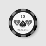 Custom value poker chip casino wedding favour gift magnet<br><div class="desc">Custom value poker chip casino wedding favour gift magnet. Black and white design with monogrammed initials of bride and groom plus date of marriage. Personalize with your monogram, date and dollar value number etc. Round magnetic marker coin with hearts and spade symbols. Las Vegas theme marriage gifts. Available in small,...</div>