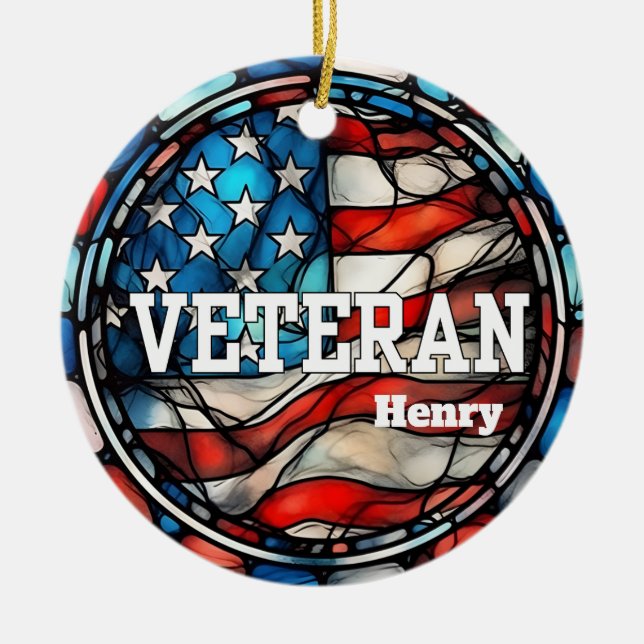 Custom Veteran Faux Stained Glass American Flag Ceramic Ornament (Front)