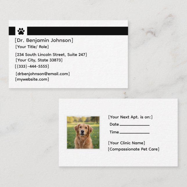 Custom Veterinary Appointment Card | Photo & Logo (Front/Back)