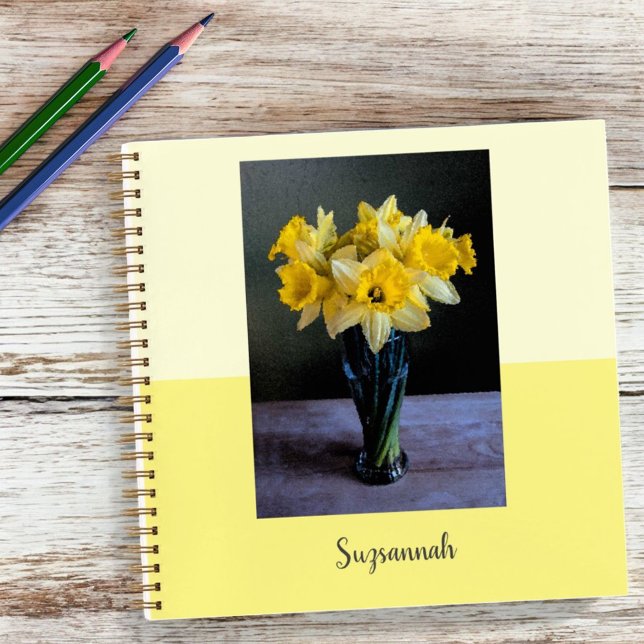 Custom Vibrant Daffodils Vase Still Life  Notebook (Personalized daffodil flowers photo notebook cover)