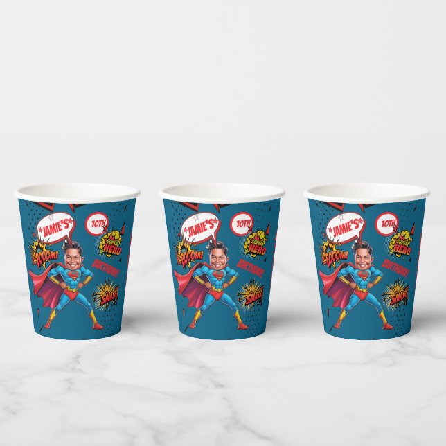 Custom Vibrant Superhero Caricature 10th Birthday Paper Cups (Multi)