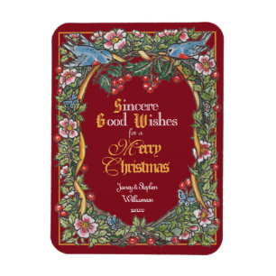Custom Victorian Christmas Floral Bird Burgundy Magnet
