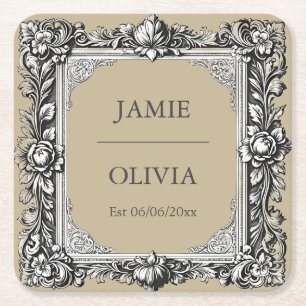 Custom Victorian Scroll Frame Napkin – mocha brown Square Paper Coaster