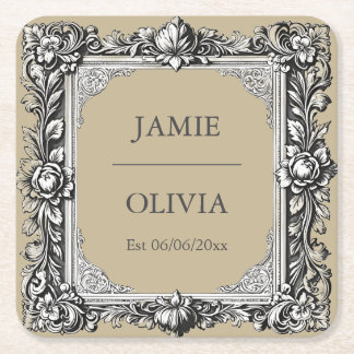 Custom Victorian Scroll Frame Napkin – mocha brown Square Paper Coaster