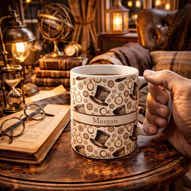 Custom Victorian Steampunk Hat and Clockwork Name Coffee Mug (Creator Uploaded)