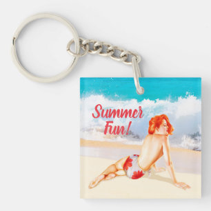 Custom, vintage and retro 1950s beach pin-up girl, keychain